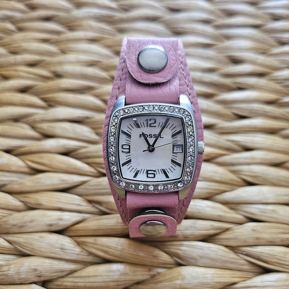 Fossil Watch Pink Leather Band With Rhinestones